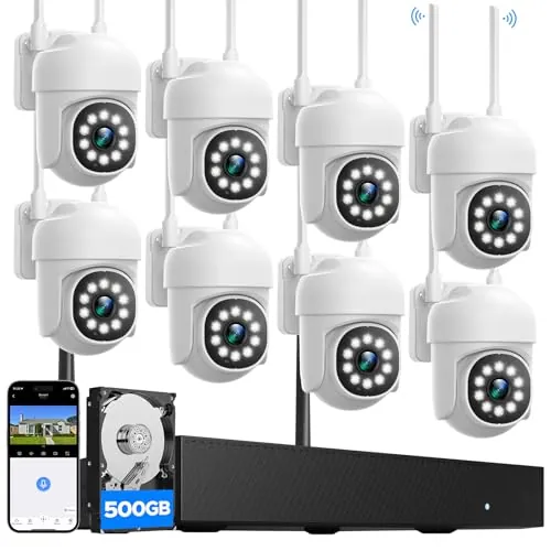 CAMCAMP Kit Camaras de vigilancia, 8X PTZ Cámara Vigilancia WiFi Exterior, Seguimiento Automático, Visión Nocturna en Color, Grabación 24/7, 16CH NVR con Memoria Local de 500 GB, Audio Bidireccional