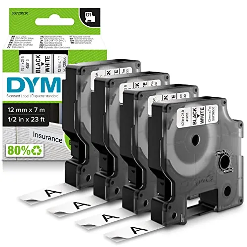 DYMO D1 etiquetas auténticas | impresión negra sobre fondo blanco | 12 mm × 7 m | etiquetas autoadhesivas para impresoras de etiquetas LabelManager | 4 unidades