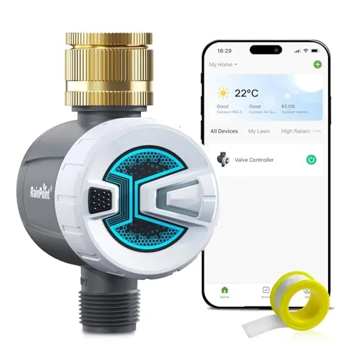 RAINPOINT Programador Riego Bluetooth con Entrada de Latón, Temporizador Riego Automatico con Modo de Ciclo y Remojo, Retardo de Lluvia/Riego Manual para Jardín, Césped, Control de Aplicación Remota
