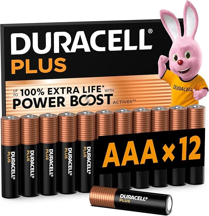 DURACELL Plus Pilas AAA (Paquete de 12) – Pilas alcalinas 1,5 V–Hasta un 100 % de duración extra con activos POWER BOOST–Fiabilidad para dispositivos cotidianos–Envase con 0 % de plástico–MN2400