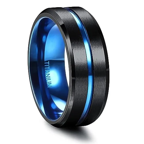 FIOROYAL Anillo de Titanio 8MM para Hombre y Mujer - Negro y Azul - Anillos de Compromiso y Pareja - Talla 14-30