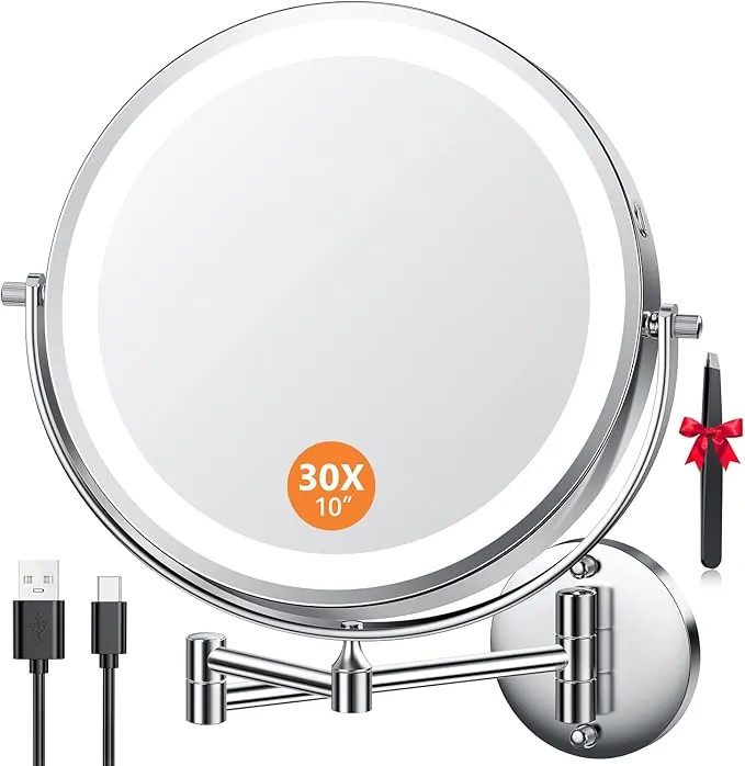 Auxmir 10‘’ Espejo Maquillaje con Luz 30X/1X Aumento Recargable 5000mAh Doble Cara Giratorio 360, Espejo Grande Baño Pared Brazo Extensible USB, 3 Colores Brillo Regulable Hotel, Plata