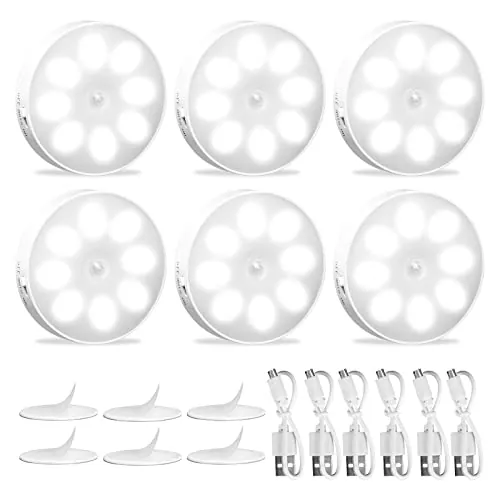 KEWUZY 6-pack Luz Nocturna Sensor Movimiento Recargable por USB, de Armario, 8 LED, 3 Modos (Auto/On/Off) para Armarios, Pasillo, Escalera, Sótano, Garaje(Blanco Frío)