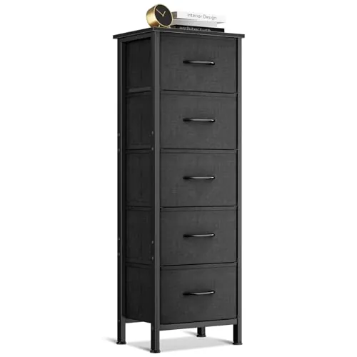 Coleshome Comoda Dormitorio Negro, Comoda Estrecha con 5 Cajones de Tela | Cómoda Alta con Estructura de Acero Resistente , Tapa de Madera, Ideal para Dormitorio y Salón, 40 x 30 x120 cm