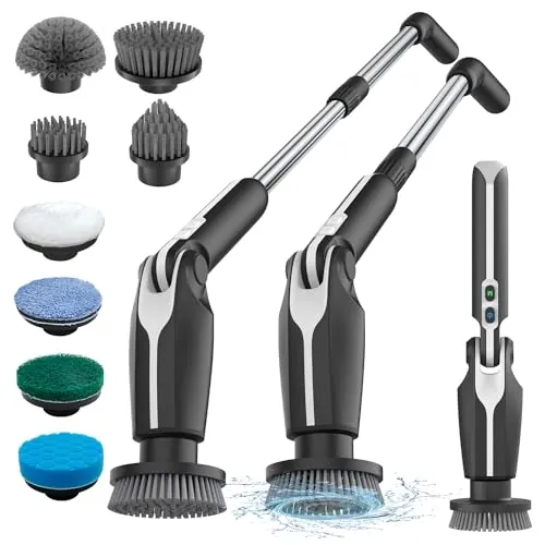 Leebein Cepillo Eléctrico Limpieza Hogar, Fregadora Giratoria Eléctrica con 8 Cepillo Reemplazables, Control Remoto, 2 Velocidades de Rotación y Mango Ajustable 38-132CM para Baño/Cocina/Coche
