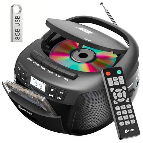 KLIM CD Player con USB – Reproductor Cassette, Am/FM Radio CD y Bluetooth, Control Remoto, Radio Cassette con CD-R y Grabación en Cinta, AUX, Reproductor CD-R con Sonido Estéreo