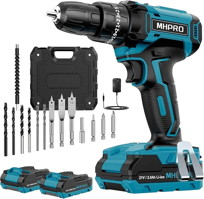 Taladro Percutor a Bateria 21V, MHPRO Taladro Atornillador Bateria con 2x2.0Ah Baterías, Atornillador Electrico 42Nm, 25+3 Ajuste de Par, 14 Accesorios, 2 Velocidad, LED Luz Para Hogar, Bricolaje
