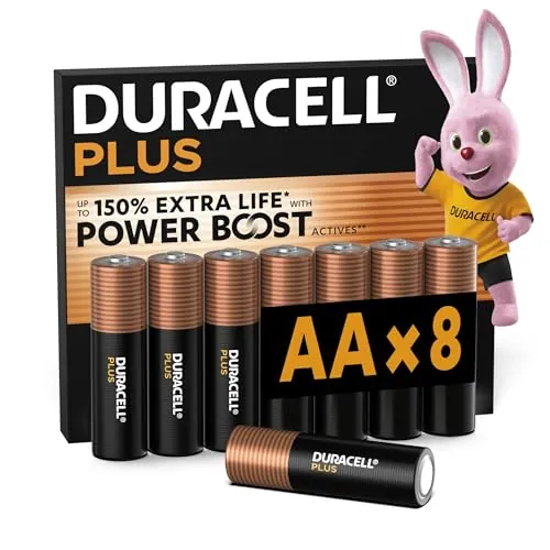 DURACELL Plus AA Pilas Alcalinas (Paquete de 8) 1.5V, LR06 | Hasta un 150% de extra duración con POWER BOOST ACTIVES – Mandos para videojuegos y cámaras digitales