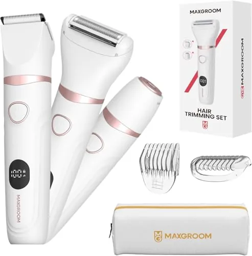Afeitadora Eléctrica Mujer, MAXGROOM 3 en 1 Depiladora Electrica para Mujer, IPX6 Utilizable en seco/Húmedo Recortadora Corporal Mujer, Apto para Cuerpo, Facial y Las Zonas íntimas