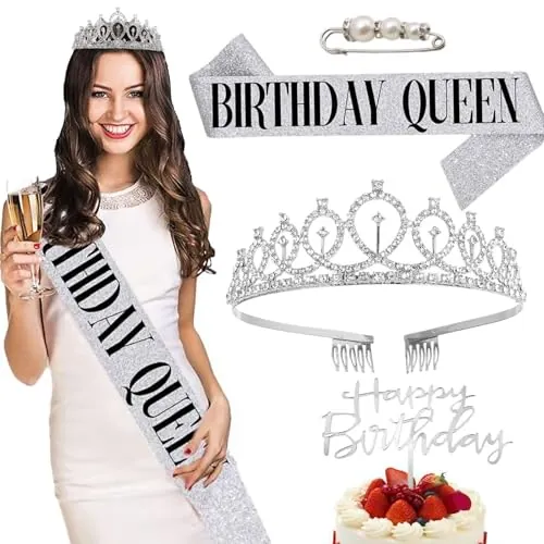 Exbrith Juego de 4 coronas de cumpleaños y banda para mujer, tiara de diamantes de imitación, corona de princesa, tiara de diamantes de imitación, corona de cumpleaños para fiestas, regalos de