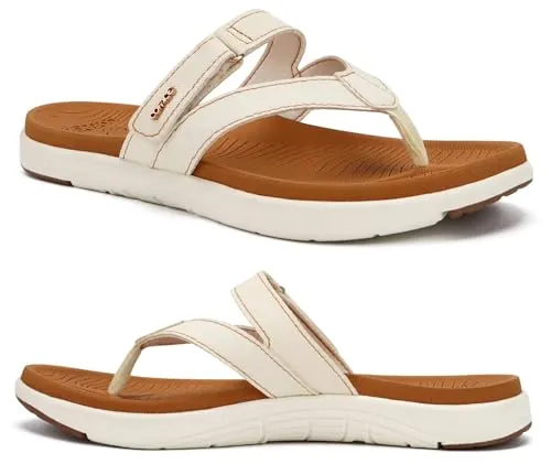 COFACE Chanclas Mujer Moda Ortopedicas Comodas Cuero Tela Elegantes Sandalias de Dedo Señora Piel Verano Playa Piscina Flip Flop Ligera Abierta Chancletas Pala Antideslizante Goma Suela Blanco Kaki 39