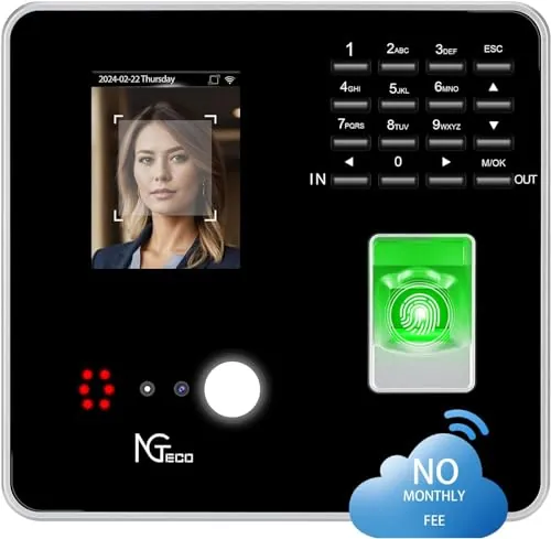 NGTeco Maquina Fichar Empleados Español, Control Horario Empleados, Reloj de Tiempo TC1 para Empleados con Reconocimiento de Huella, RFID, PIN y Reconocimiento Facial, Máquina de Asistencia