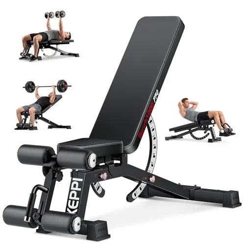 Keppi Banco Musculación, con Capacidad de 600 kg, Banco de Pesas Multifuncional y Banco Abdominales para Entrenamiento en Casa, Incluye Sujetapiés Extraíble y 12+3 Ajustes - Bench1000 Pro