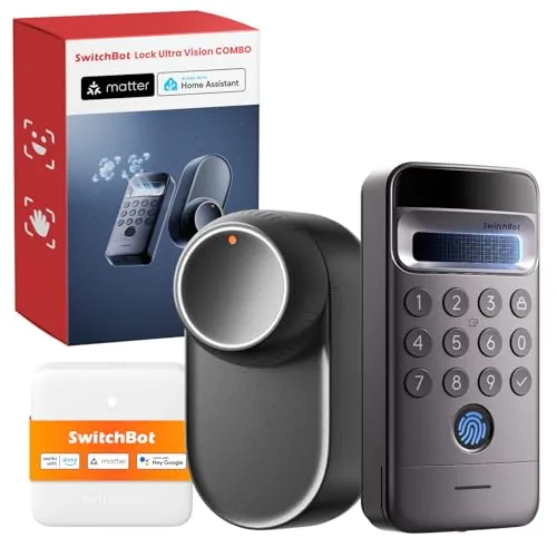 SwitchBot Cerradura Ultra Inteligente con Wi-Fi con Teclado Vision Pro, reconocimiento facial y de la palma en 3D, desbloqueo sin contacto, cilindros de perfil europeo, Matter, Alexa, Google e IFTTT