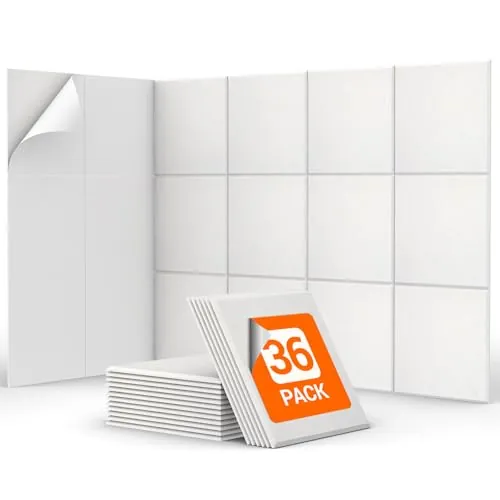 TONOR Espuma Acústica Pack 36 Paneles, Paneles Acústicos Cuadrado con Respaldo Adhesivo, Insonorizacion Acustica Pared y Decoración para Estudio, Gaming, Podcasting, Grabación, 30 x 30 x 0,9cm, Blanco
