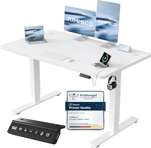 JUMMICO Escritorio Elevable Eléctrico con Cargador USB, Escritorio Regulable en Altura Ergonomica Escritorio de pie Ajustable Smart Panel con Funciones de Memoria, Standing Desk 120 x 60 cm, Blanco