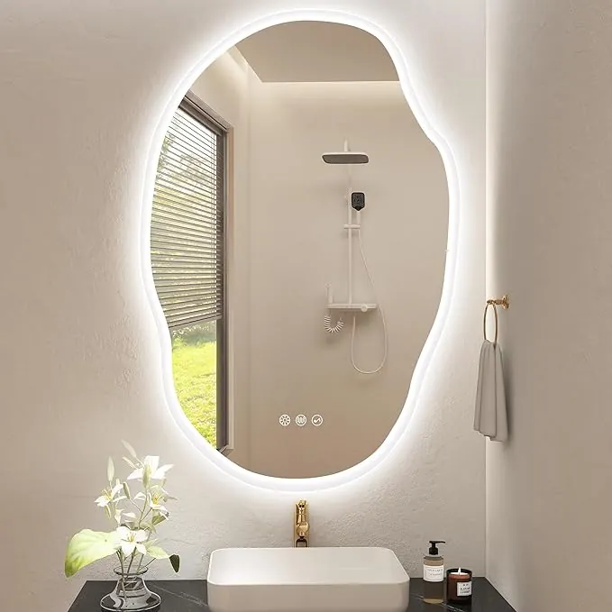 S'bagno Irregular Espejo Baño con Luz 60x90cm, Bluetooth Espejo Baño Led, Antivaho, 3000K-6500K, Regulable, Memoria, Cristal Templado HD, IP44, Horizontal o Vertical