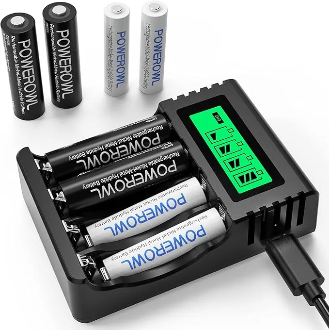 POWEROWL Cargador Rápido de Pilas con 4 Piezas AA 2800mAh Pilas Recargables y 4 Piezas AAA 1000mAh Ni-MH Baterías Recargables