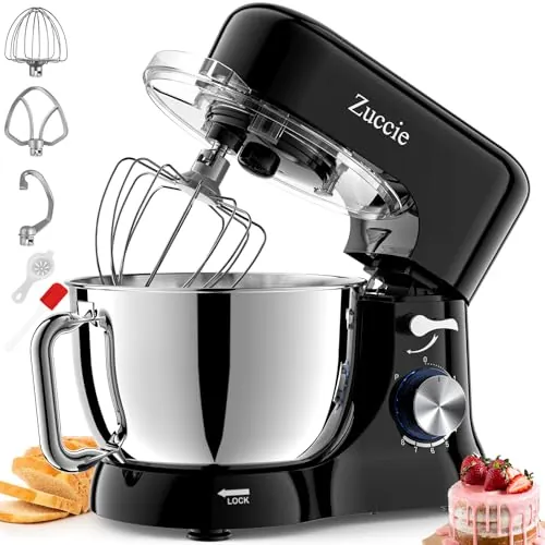 Batidora Amasadora, Zuccie 5L Robot de Cocina Batidora, 1000W Procesador de Alimentos con Batidor, Gancho, Tazón de Acero Inoxidable y Protector Contra Salpicaduras, 8+P Velocidades (Negro)