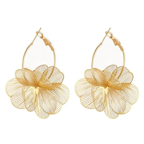 Aretes de Flores de Oro, Pendientes Flor Dorados Mujer, Pendientes Largos Dorados Fiesta, Aretes Florales Colgantes de Oro, Pendiente Dorado para Accesorios de Fiesta, Vida Cotidiana