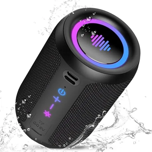 Altavoz Bluetooth Potente 5.4, 15W Pequeño Portatil Altavoz Bluetooth, 360° Sonido Estéreo TWS, Luces LED de Colores Inteligentes, 12H de Reproducción, Impermeable IPX7, para Exterior/Viajes/Fiestas