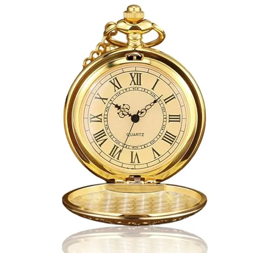Litinliv Reloj de Bolsillo, Reloj de Bolsillo Hombre con Cadena, Relojes de Cadena Antigua Dorada con Números Romanos, Vintage Relojes para Mujeres, Hombres, Día del Padre, Aniversario - Dorado