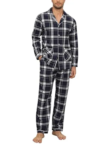 MoFiz Pijamas Largo Hombre Invierno Algodón Conjunto de Pijama con Botones a Cuadros Suave Ropa de Dormir Manga Larga Camisetas de Pijama y Pantalones con Bolsillos US S/EU M