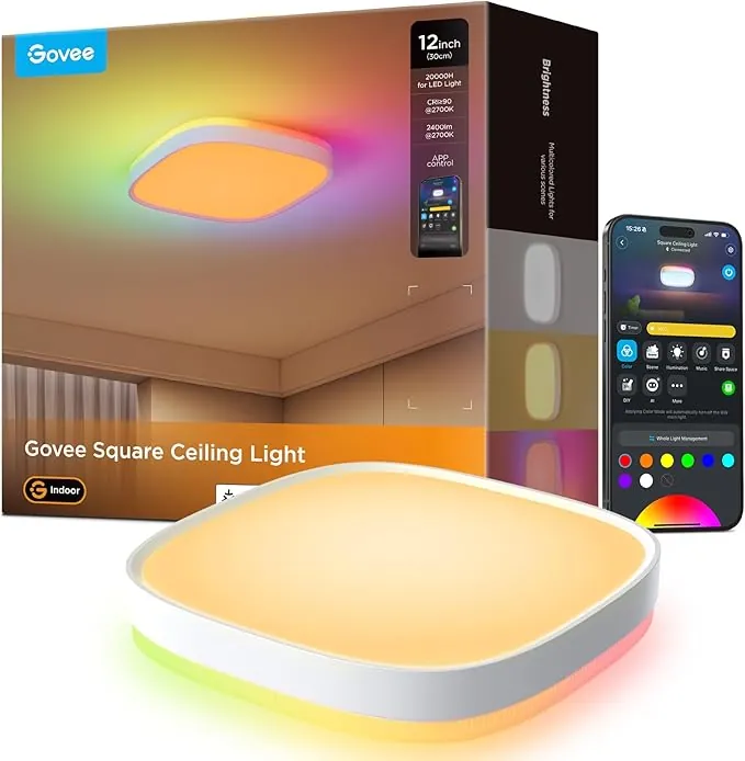 Govee Lampara Techo LED, Inteligente Plafon LED Techo 24W RGBIC 2400LM Compatible con Matter, Alexa y Google Assistant, 16 Millones de Colores DIY para Dormitorio Sala de Estar Cocina Cuadrada, 30cm