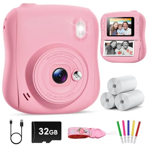 Hangrui Camara Fotos Infantil Instantanea, 1080P Camara Fotos Infantil, Cámara Instantánea para Niños con Tarjeta de 32GB,Papel de Impresión y Bolígrafos de Colores, Regalos Juguete-Rosa