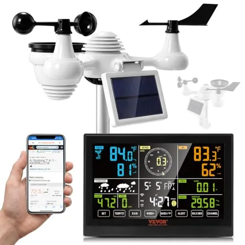 VEVOR 7 en 1 Estación Meteorológica Inalámbrica Wifi Interior Exterior Gran Pantalla a Color de 7,5" Estación Meteorológica Digital Temperatura Humedad Velocidad Dirección del Viento Sensor de Lluvia