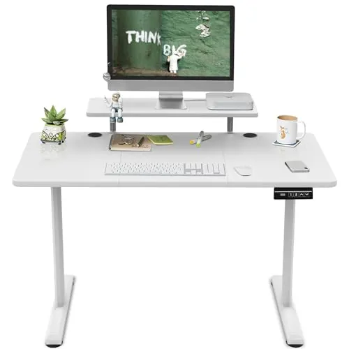 TRIUMPHKEY 120x60cm Escritorio Elevable en Altura con estantes para Monitor Escritorio de pie eléctrico Ajustable en Altura Estante de Almacenamiento Home Office Tablero de Empalme Blanco
