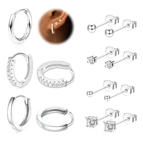LOLIAS 7 Pares Pendientes Mujer Plata Hipoalergénico Pendientes de Aro Circonita Piercing Oreja Pendientes Plata para Mujeres y Niñas