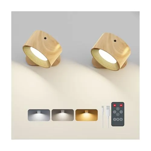 Feallive Lámpara de Pared 2 Pcs, Aplique Led Interior con Mando a Distancia Regulable con Batería Recargable 3 Niveles de Luminosidad 3 Modos de Color Orientable 360º para Dormitorio grano de madera