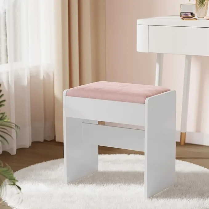 VASAGLE Kailyn Colección - Taburete de Tocador, Taburete de Maquillaje, Tapizado de Terciopelo, Reposapiés con Almohadilla Antideslizante, Dormitorio, Entrada, Blanco Mate y Rosa Jalea RDS001W01