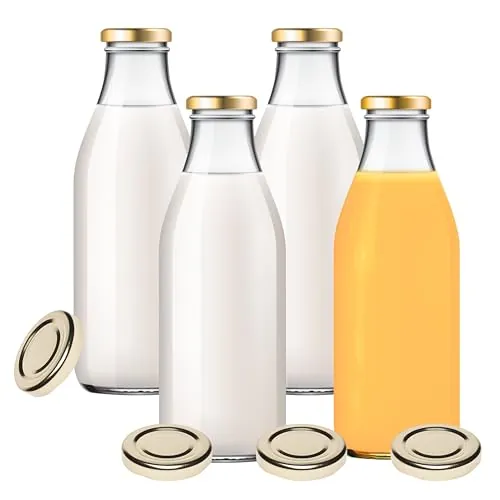 4 botellas de cristal de 1000 ml para zumo de leche con 8 tapas, color dorado, incluye etiquetas