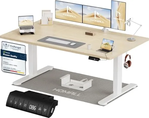 Homall Escritorio eléctrico de pie de 140 x 80 cm con gancho de carga USB, escritorio ajustable en altura con 3 paneles inteligentes de memoria, soporte para escritorios de oficina en casa con tablero