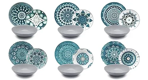 Excelsa - Vajilla de 18 Piezas de Porcelana, Color Azul/Gris, Modelo Mandala