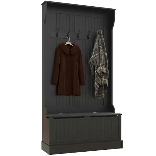 HOMCOM Perchero Zapatero con Banco, 5 Ganchos, 96x34x179,7 cm, Negro | Perchero Recibidor Entrada, Banco de Almacenamiento, Estilo Moderno, Pasillo Dormitorio