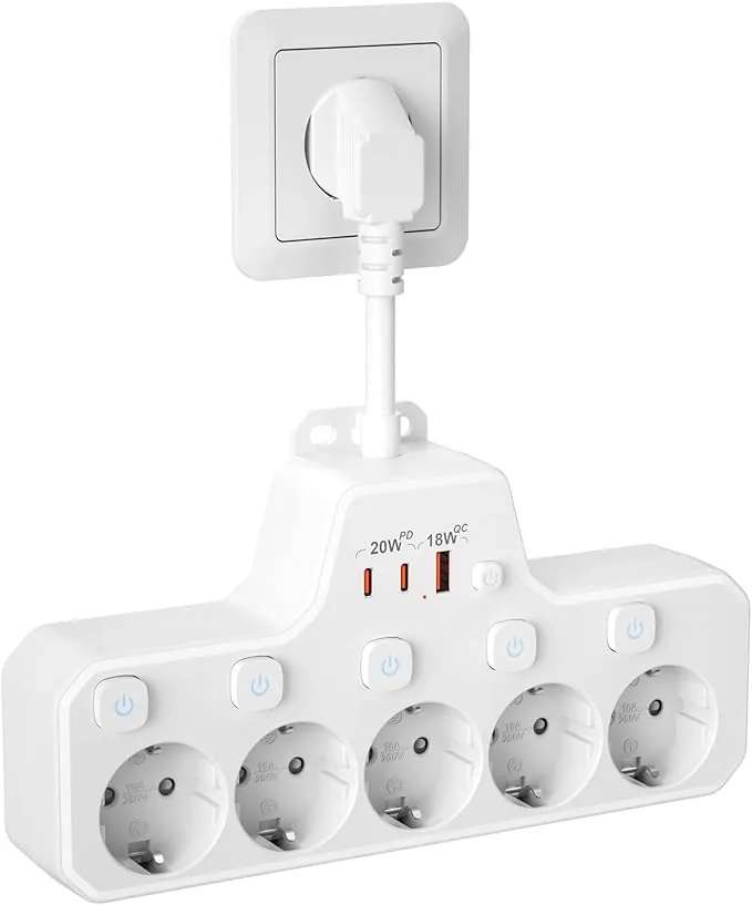 Regletas Enchufes Proteccion Sobretension, Ladron Enchufes con Interruptor,Regleta 5 Tomas con USB Carga rápida PD20W,Base Enchufe Multiple Interruptor Independiente,Enchufe Pared Cable Corto,Blanco