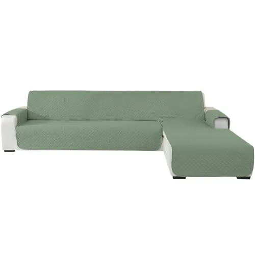 Ystyle Funda Sofa Chaise Long 4 Plazas, (285cm, Verde Claro) | Funda Para Sofa Chaise Longue Izquierdo/Derecho Universal Reversible, Funda Chaise Longue, Protector Sofa Antipelos