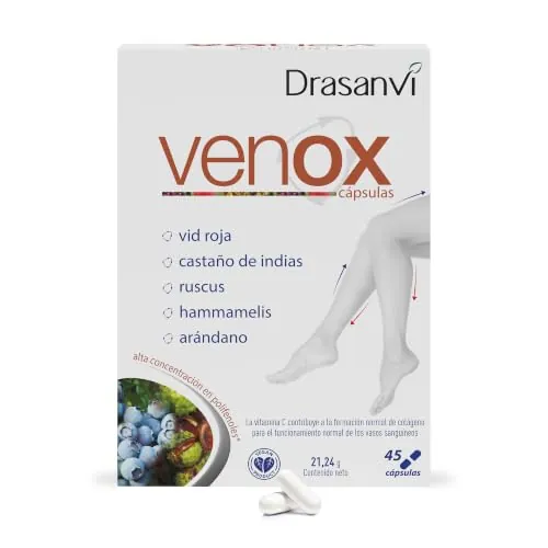 Drasanvi VENOX Ayuda a mejorar la Circulación, Hammamelis, Castaño de InDias y Ruscus, Alta Concentración de Polifenoles, Vid Roja, Arándanos y Grosellero Negro, Reforzado con Vitaminas ,45 cáps