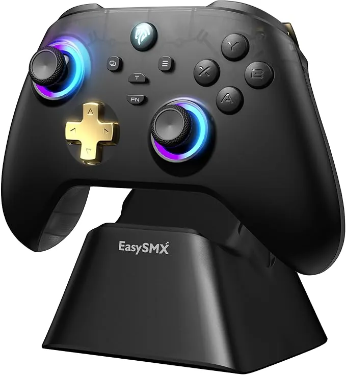 EasySMX D05 Mando PC Inalambrico con Base de Carga - RGB Luz - Hall Joystick - Hall Trigger, Gamepad con 1000 mAh Batería Recargable- Vibración - Turbo- para PC/Switch/Móvil - Negro
