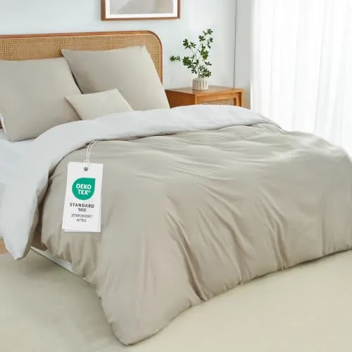Duvetnova Funda Nórdica Cama 180 240x220 Beige/Blanco, Microfibra Lavada Suave Tacto algodón, Reversible sin Planchar con Cremallera, Oeko-Tex:1 edredón+2 Almohadas 65x65cm