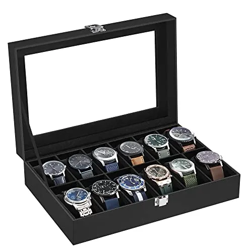 SONGMICS Caja de Relojes con 12 Compartimentos, Tapa de Cristal