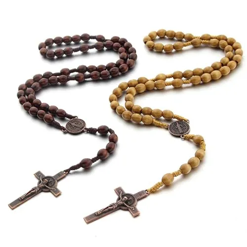 Hifot 2 Piezas Collar Rosario de Madera Mujer Hombre, Collar Católico de Cuentas Collares Oración Sagrada con Colgante Crucifijo Medalla Cruz Collares Largos Rosarios Religiosos