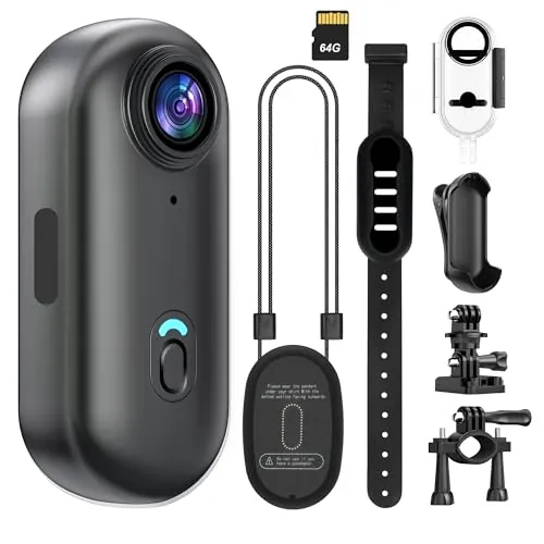 kaysunlink Mini Cámara Deportiva 4K 30FPS con Tarjeta de 64 GB, Impermeable WiFi POV Camera, Camara Accion Portátil Manos Libres, Body CAM para Mascotas, Ciclismo, Natación, Vlogging, Negro