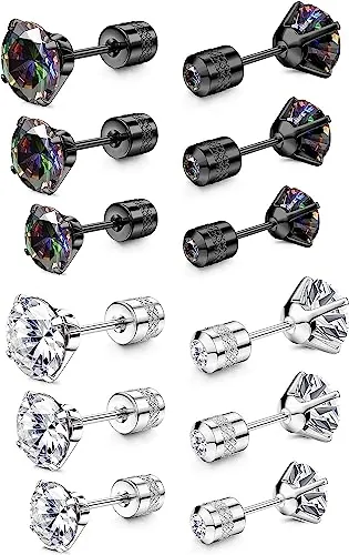 MILACOLATO Pendientes Titanio y Acero Inoxidable Hipoalergénicos - Doble Cara del Arco Iris AB Cubic Zirconia para Oídos Sensibles y Cartílago - Para Mujeres Hombres 4/5/6 MM