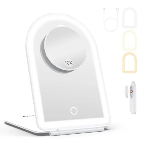WEILY Espejo Maquillaje con Luz 1X/10X, Espejo Aumento con 3 Luces de Color, Control Táctil, Recargable Portátil Espejo para Dormitorio y Baño