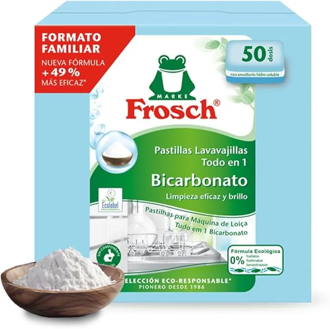 Frosch - Pastillas Lavavajillas a Máquina Todo en 1 con Bicarbonato, Limpieza y Brillo, Sin Componente Animal, Ni Fosfatos, Ni Fosfonatos - 50 Dosis, 0.2 kg