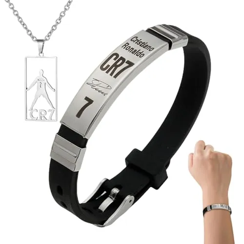 TENGWA 2 Piezas Regalos de Futbol para Niños CR7 Collar Longitud 60 cm Pulsera CR7 22,5 cm Plata Ajustable para Niños Aficionados al Fútbol ​Seguidores y Cumpleaños